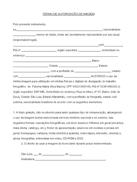 Termo De Autorização De Imagem Menor Pdf