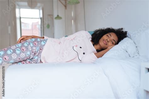Happy Beautiful Young Black Woman Lying Down In The Bed Sleeping Buy