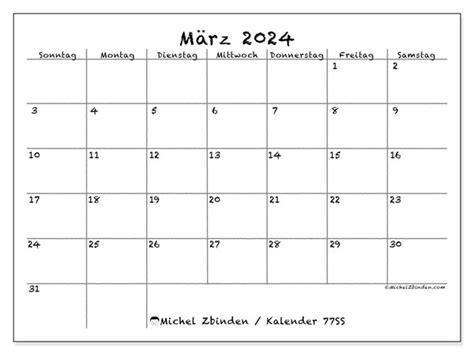 Kalender März 2024 Zum Ausdrucken “77ss” Michel Zbinden Be