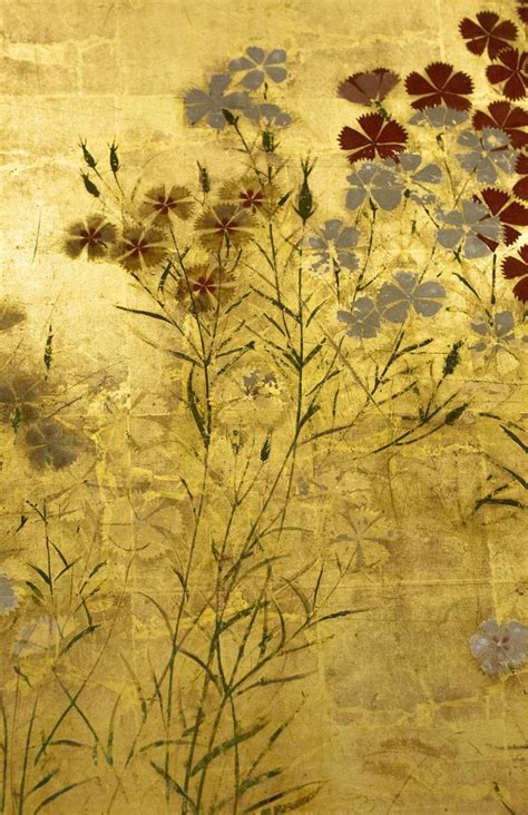 Japanese Two Panel Screen Rimpa Nadeshiko Flowers On Heavy Gold Leaf