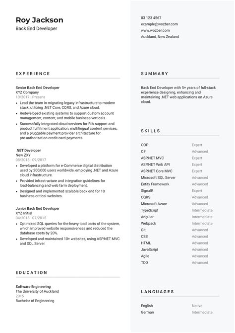 This guide with example first cv and cv template shows you everything you need to create a superb junior cv and start getting interviews for your first job. Back End Developer CV Example