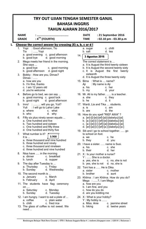 Download Soal Uts Ganjil Bahasa Inggris Kelas 4 Semester 1 2016 2017 Rief Awa Blog