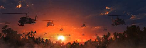 Desktop Wallpapers Helicopters The Vietnam War Sun Sky 4320x1440