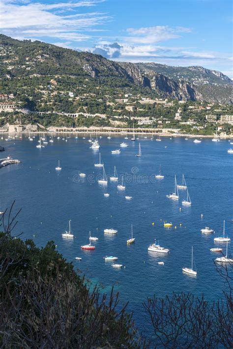 Aerial View Of Villefranche Sur Mer Coast With Yachts Sailing In Stock