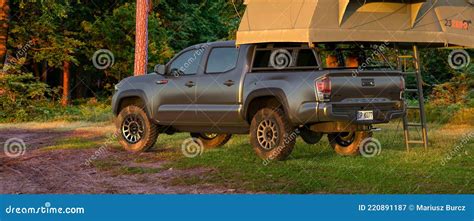 Toyota Tacoma With A Tent At A Forest Camp Editorial Photography