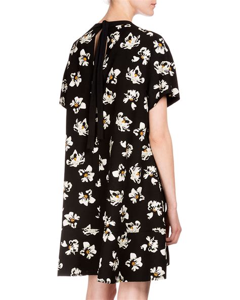 Proenza Schouler Short Sleeve Floral Print Dress Black Ecru