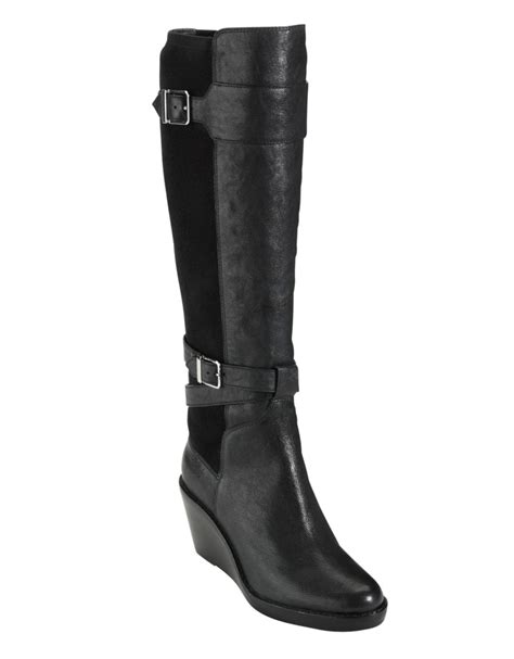 Cole Haan Patricia Tall Leather Wedge Boots With Buckle Accents In