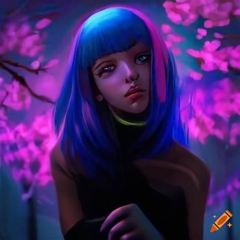 Futuristic Cyberpunk Girl With Pastel Hair And Black Dress In The Style