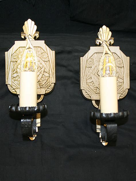 Pair Of Gold And Black Art Deco Wall Sconces W Flowers And Leaves C 1930