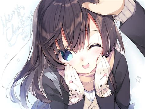 Cute Anime Girl Sweater Brown Hair Moe Anime Girl Blushes Anime