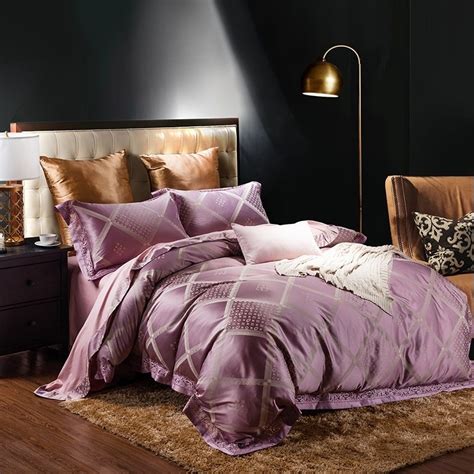 Dusty Rose Pink And Gold Windowpane Plaid Print Luxury Jacquard Satin Full Queen Size Bedding