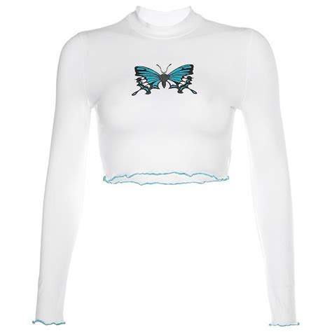 Itgirl Shop Cute Butterfly Print Ruffled Edges Slim White Crop Top