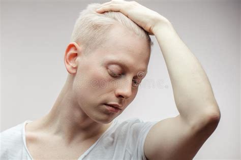Fashion Model Male On White Handsome Albino Guy Closeup Stock Photo