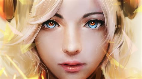 wallpaper video games mercy overwatch face blonde blue eyes looking at viewer digital