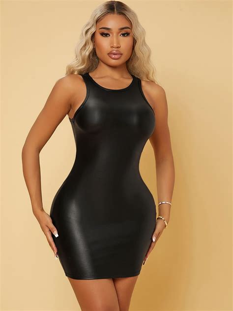 Black Glamorous Sleeveless Pu Leather Plain Bodycon Embellished Slight