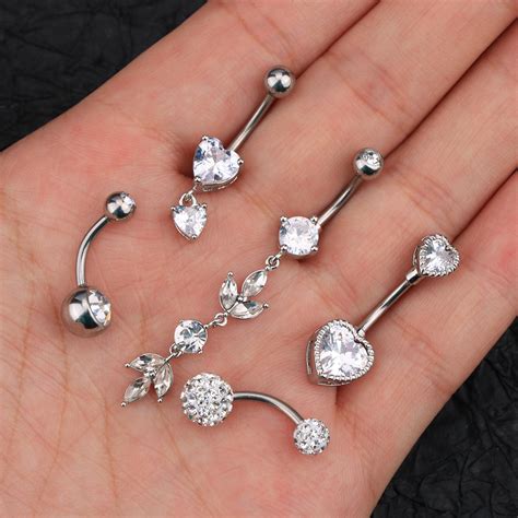 5pc Belly Button Rings Dangle Set Classy 14g Stainless Steel Bar Cz Navel Piercing Belly Ring
