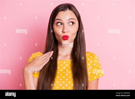 Photo Of Young Attractive Girl Pouted Lips Dream Dreamy Look Empty