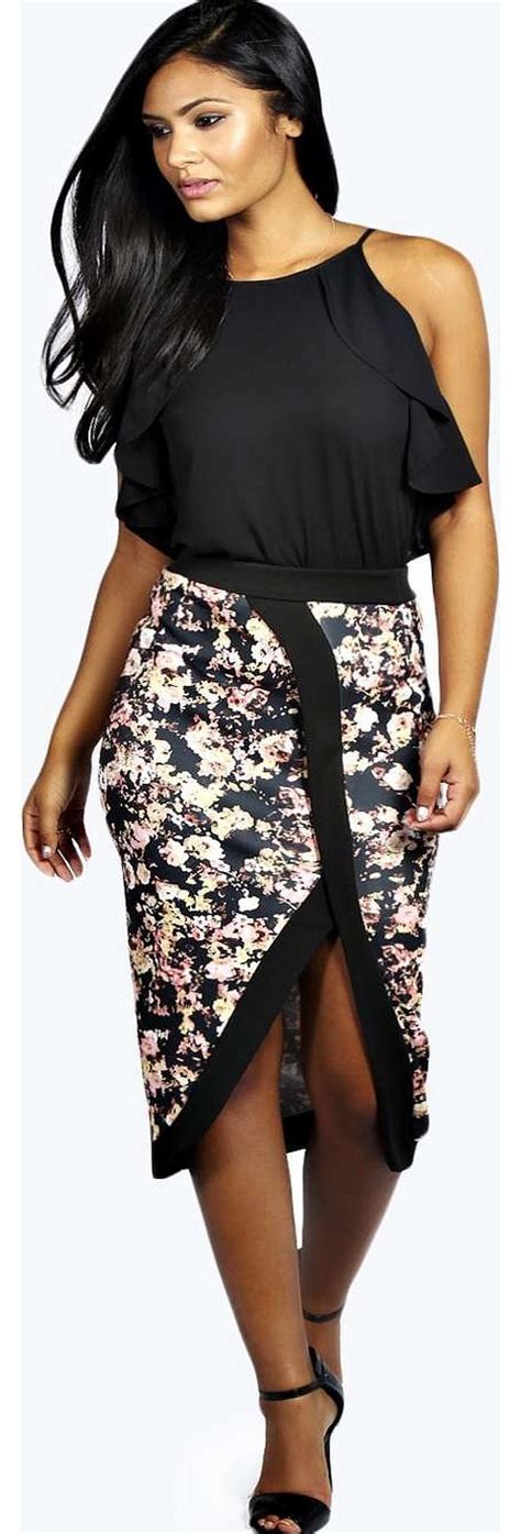 Boohoo Alissa Floral Asymmetric Scuba Midi Pencil Skirt Steal The