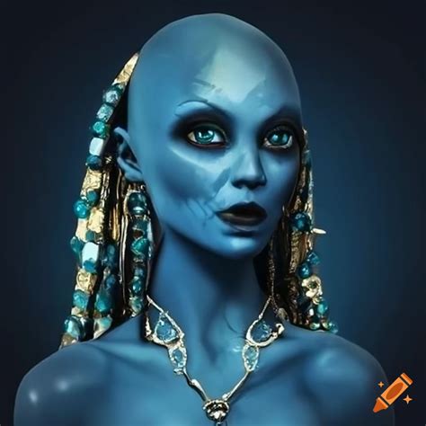 Alien Woman With Blue Skin And Black Hair Wearing Jewelry From Gold