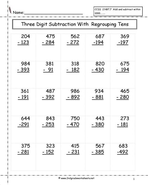 2nd Grade Subtraction Worksheets 3 Digit