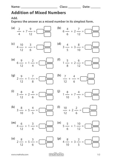 Adding Mixed Numbers Easy Worksheet