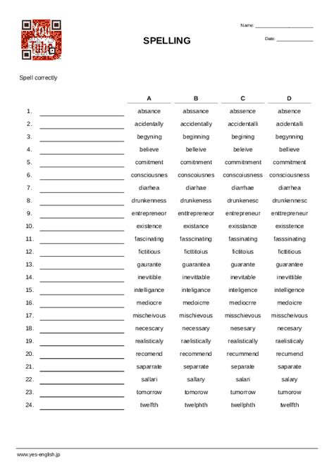 Commonly Misspelled Words Activity Sheets