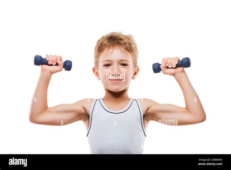Smiling Sport Child Boy With Strong Biceps Muscles Stock Photo Alamy