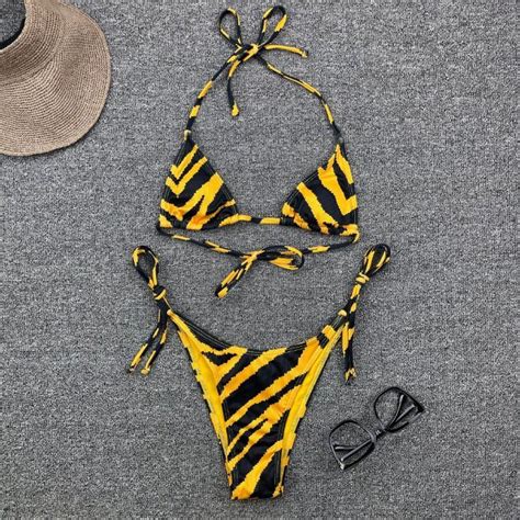 Two Piece Swimwear Bathing Suit Bandage Backless Tiger Stripes Split