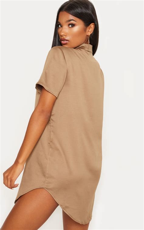 Khaki Satin Short Sleeve Shirt Dress Prettylittlething Ca