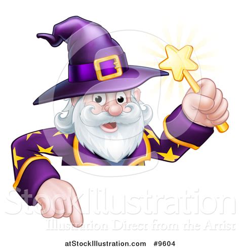 Vector Illustration Of A Happy Old Bearded Wizard Holding A Magic Wand