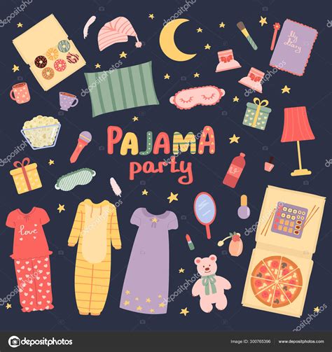 Pajama Party Set Sleepover Slumber Party For Girls Holiday Vector
