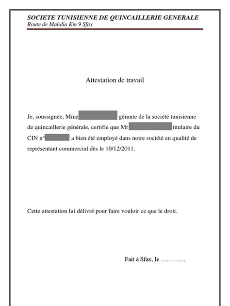 Modele Attestation De Travail Et Salaire Maroc Cours Btp Document