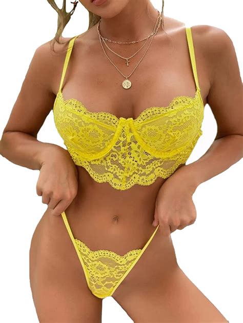 Lilosy Sexy Underwire Push Up Scallop Floral Lace Sheer Lingerie Set