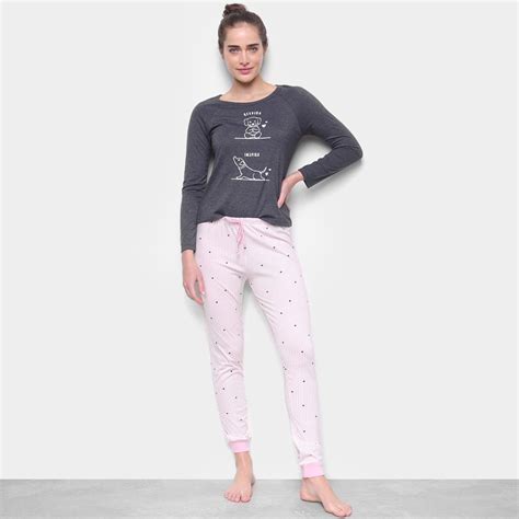 Pijama Longo Hering Estampado Listras Feminino Cinza Netshoes