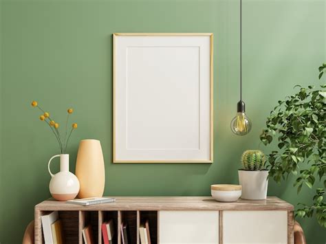 Premium Photo Mockup Photo Frame Green Wall Mounted On The Wooden