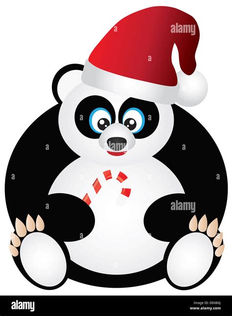 Christmas Panda Sitting With Santa Hat And Candy Cane Illustration