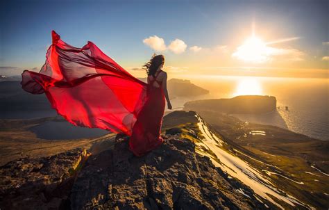 Wallpaper Girl Sunset Mood The Ocean Coast Denmark Dress Red Dress The Atlantic Ocean