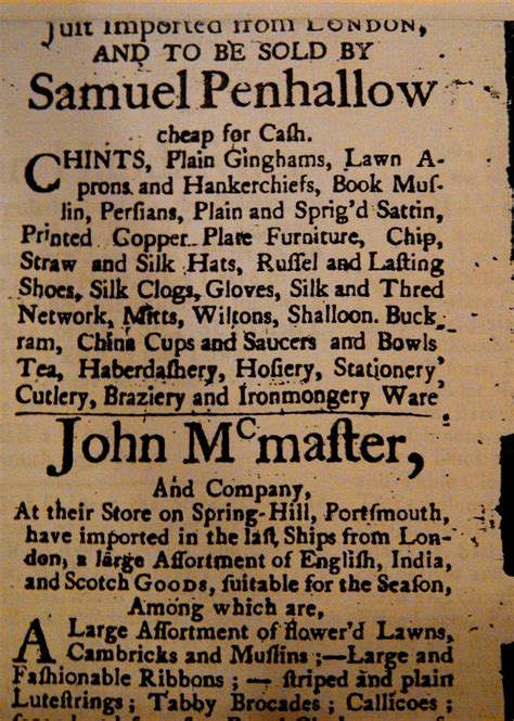 Silkdamask Chints Plain Ginghams Lawn 1770s Textile Advertisements