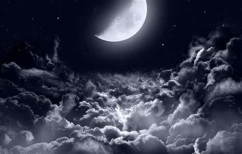 Wallpaper Dark Moon Clouds Stars Night Sky Moonlight Half Moon