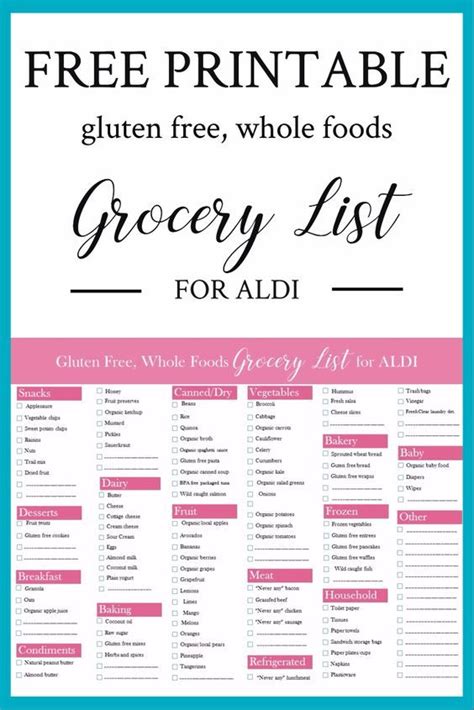 Here's a nice assortment of grocery lists to print, most are available via pdf downloads but there are a few in excel and doc format too. FREE Printable Gluten-Free, Whole Foods Grocery List for Aldi | Gluten free shopping list ...