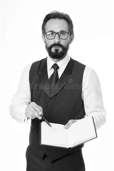 Man Formal Clothes Hold Notepad White Explain Business Topic Business