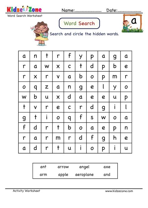 Word Search Worksheet Letter A Kidzezone