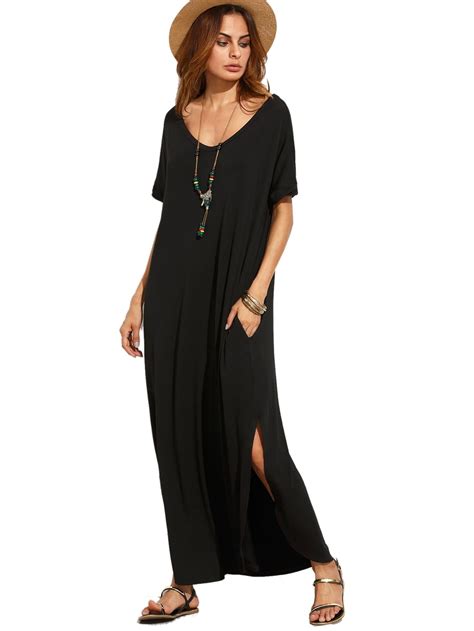 women s casual comfy loose pocket long dress short sleeve split maxi black lrg ebay