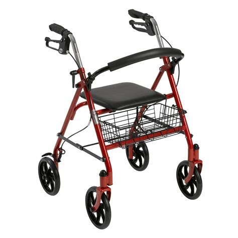 Four Wheel Walker Rollator With Fold Up Removable Back Support Red