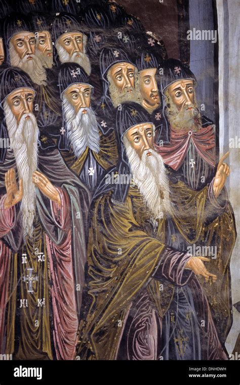 Post Byzantine Fresco Or Wall Painting Of Greek Orthodox Monks At The Great Lavra Monastery