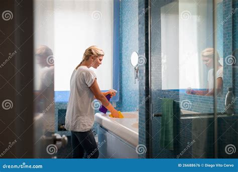 Woman Doing Chores And Cleaning Bathroom At Home Stock Photo Image Of