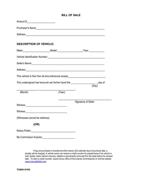 Free Printable Vehicle Bill Of Sale Template Form Generic Vehicle