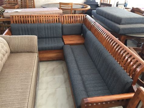 Teak Wood L Shape Wooden Corner Sofa Set For Living Room Size 7292