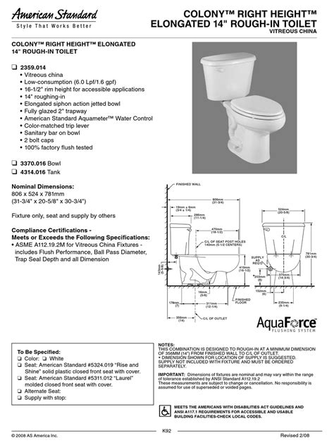 American Standard Colony Right Height Elongated 14 Rough In Toilet