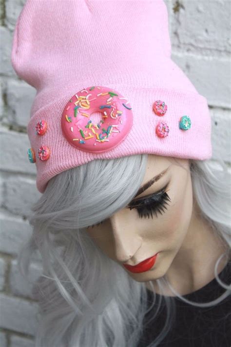 Donut Baby Pink Beanie Hat Street Wear Pastel Goth Cyber Kawaii Indie